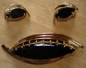 VERY COOL late 1960s black and goldtone brooch and matching earrings - charity for animals