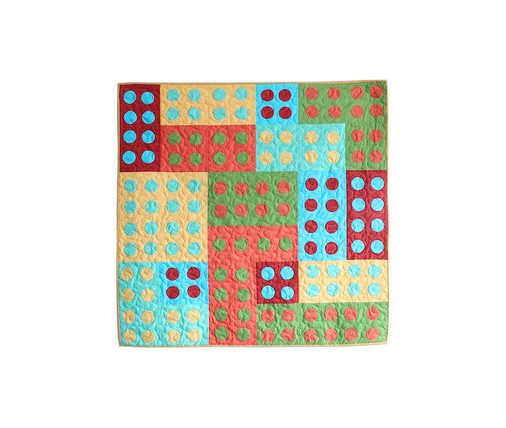 Modern Patchwork and Applique Baby Quilt, Kids Quilt, or Lap Quilt - Legos Design in Shades of Spring