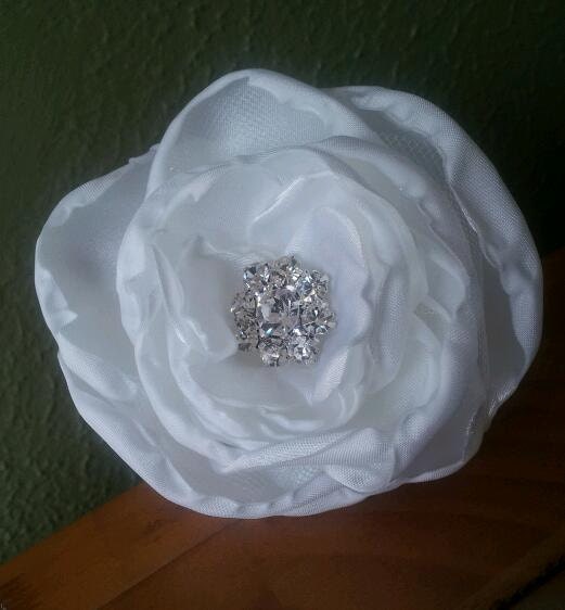 Classic White Peony Couture Hair Clip - handcrafted with satin, tulle and rhinestones