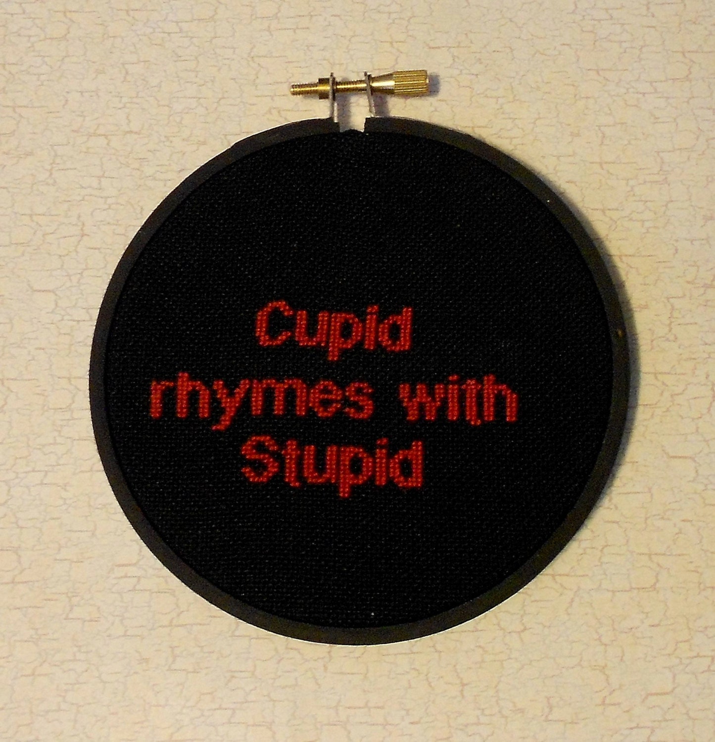 Stupid Cupid Anti-Valentine Ready-to-Hang Cross Stitched Wall or Hoop Art