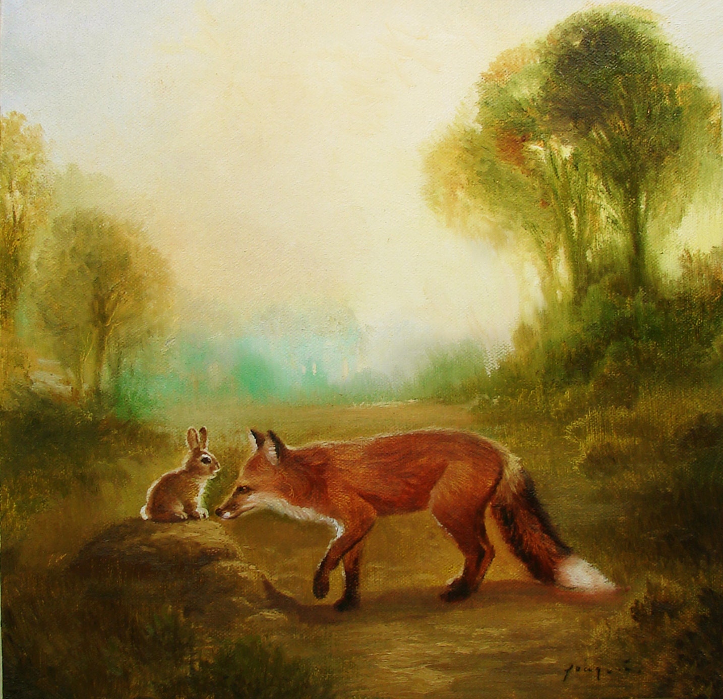 Isabella and the Fox, Spring, Easter ,Bunny , Rabbit, Print from Painting,Illustration, Baby Shower Gift, takes on the world