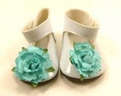 Doll Shoes for 18" Dolls Embellished Mary Jane Shoes White With Aqua Paper Roses
