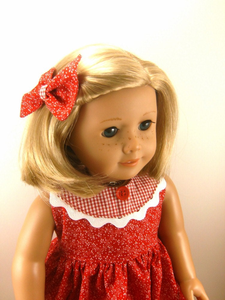 Fits American Girl Doll Clothes 18 Inch Red and White Sleeveless Dress with Matching Hair Bow