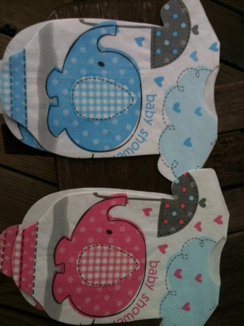 Blue or pink elephants.  30 Baby shower onesie napkins or banner decoration.