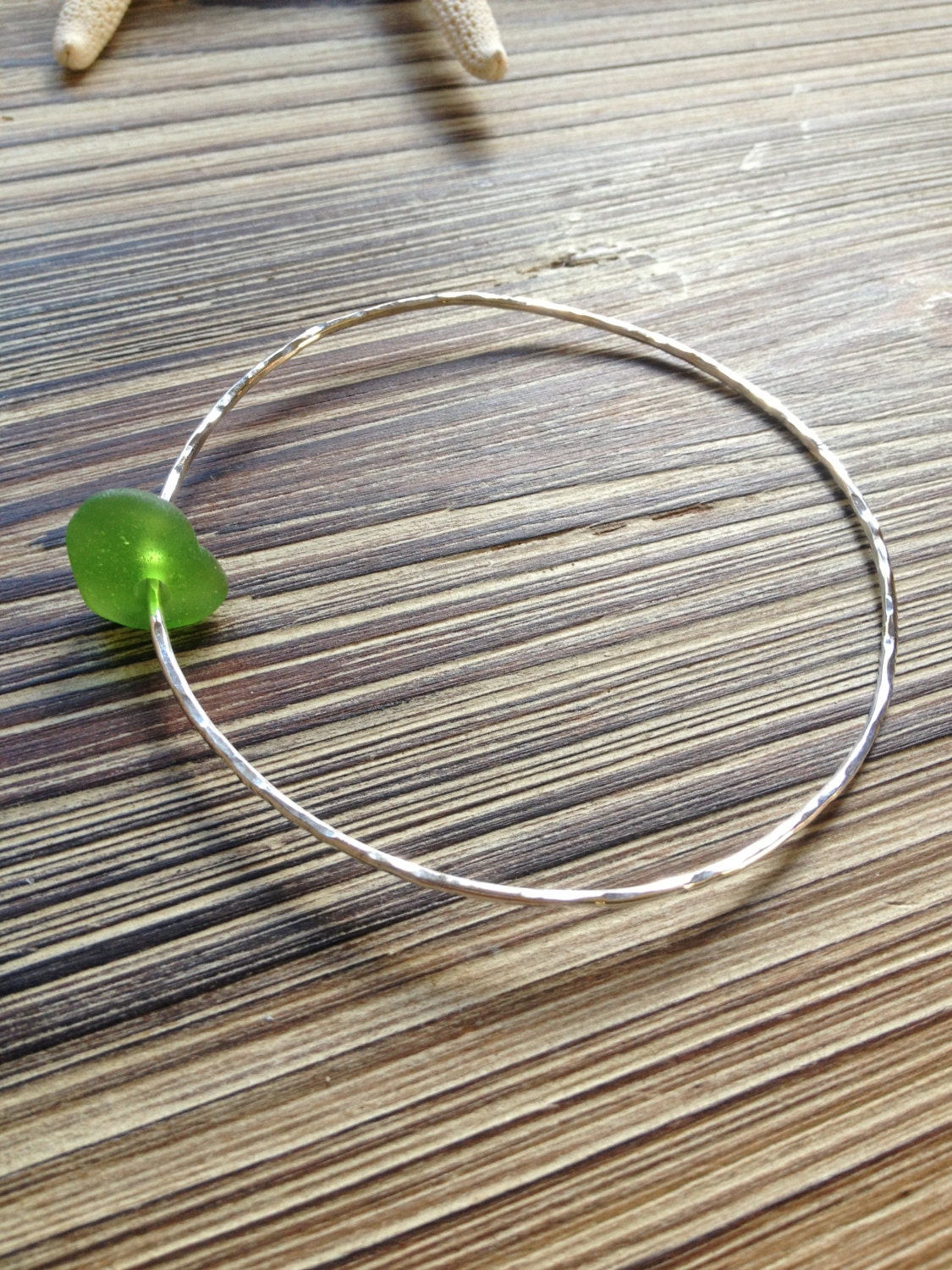 Sterling Silver Hammered Thin Bangle Bracelet with Green Sea Glass... Free Shipping...Badkittyhawaii