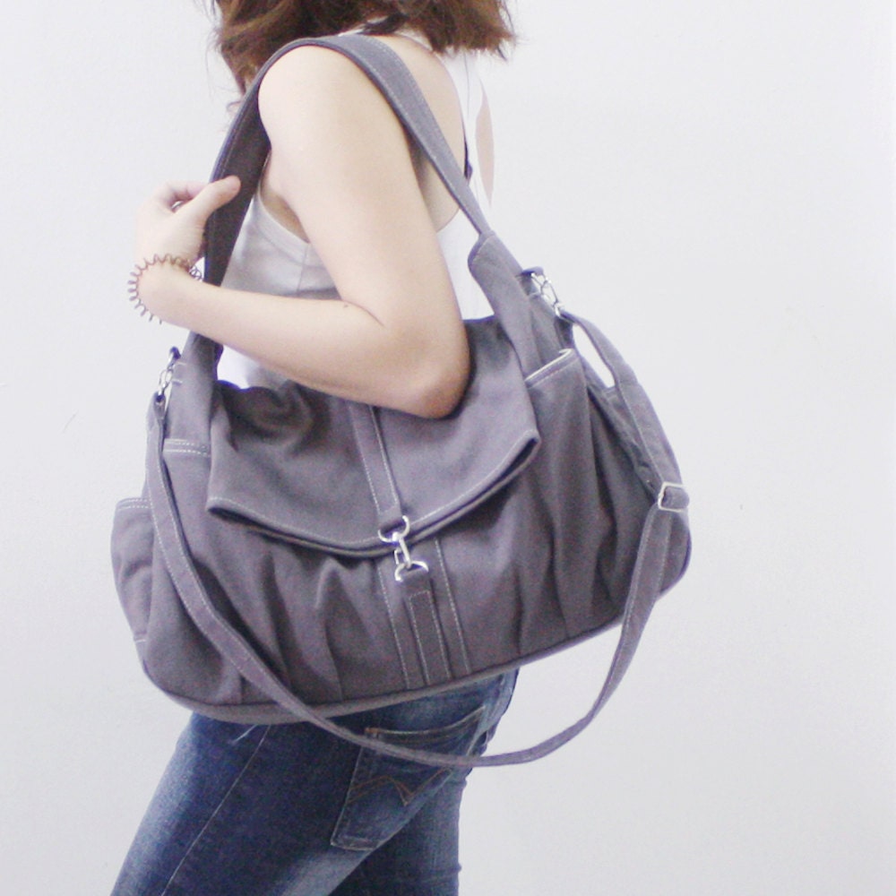 Father Day Sale - Gray Canvas Women Shoulder Bag, Messenger bag, Tote, Hobo, Diapers Bag, School Bag, Handbag - KINIES CLASSIC