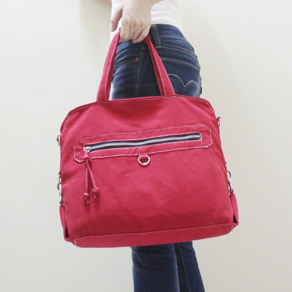 Father Day Sale - Red Canvas Women Zipper Tote Bag, Handheld bag, shoulder bag, Crossbody, Working Handbag - Wisey