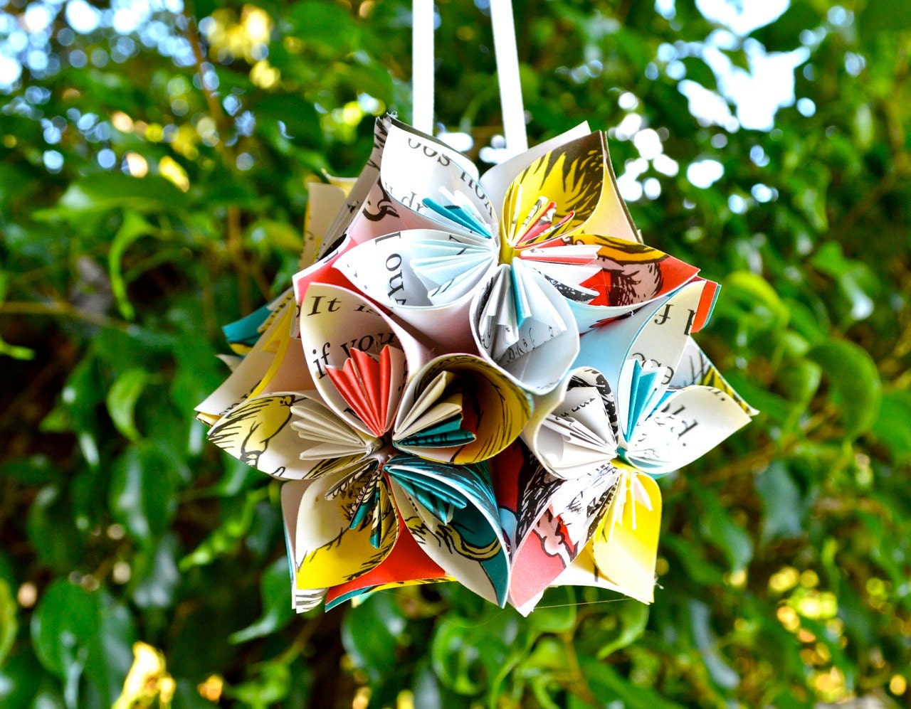 Small One Fish Two Fish Red Fish Blue Fish Book Paper Flower Ball Ornament