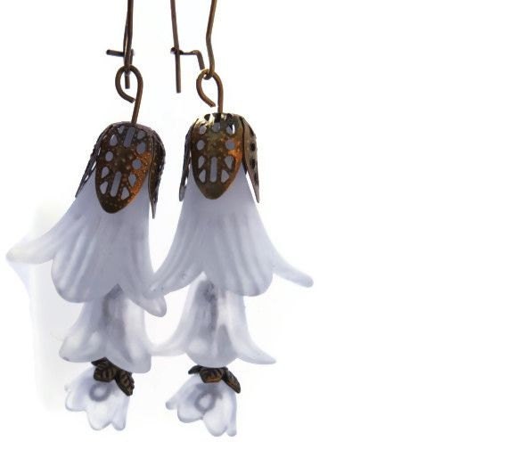 Mother's Day Sale, White Flower Earrings, White Lucite Trumpet, Lily, & Bell Flower Earrings with Antique Bronze Findings