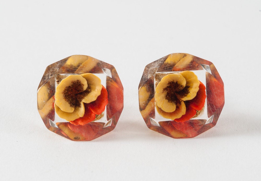 Vintage 1950's Pansy Earrings Carved Floral Lucite Yellow Orange Screw Back Earrings