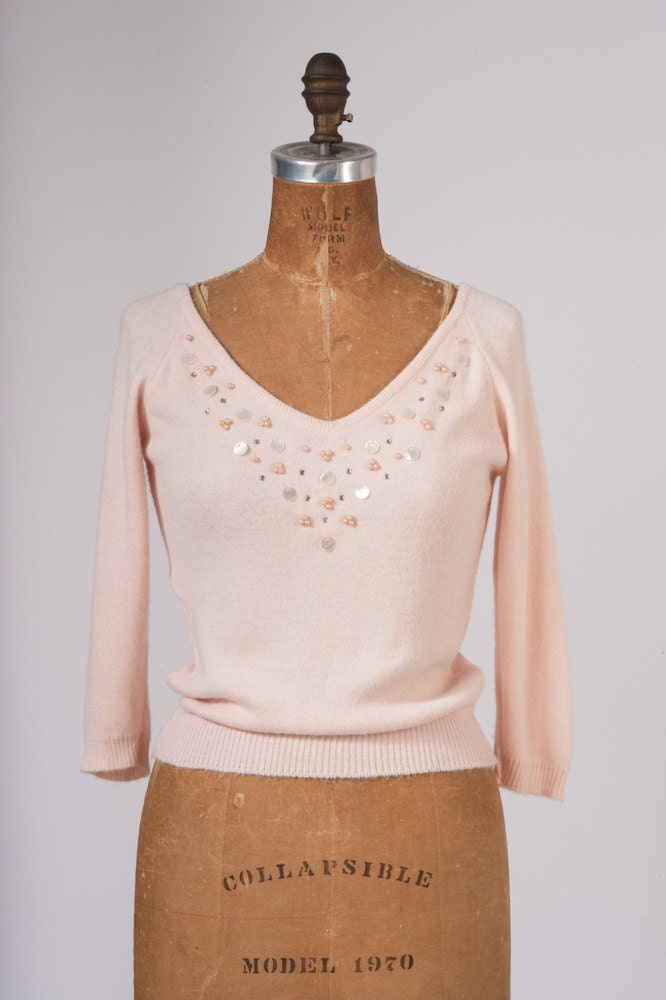 1950s Petal Pink Cashmere Sweater - Rhinestones & Pearls - V Neck Pin Up Pullover - 50's Sweater Girl