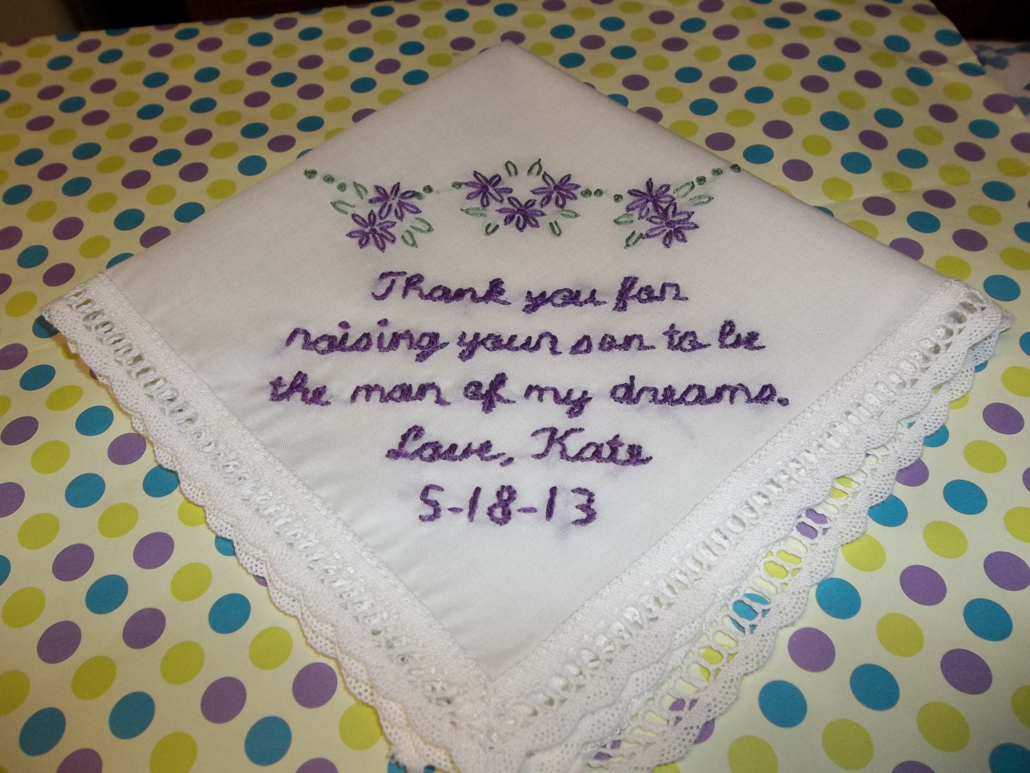 mother of groom wedding handkerchief, hand embroidered, the man of my dreams, wedding colors welcome