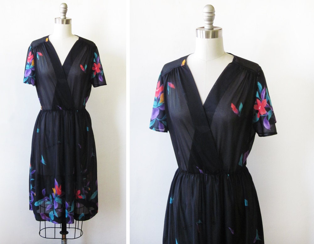 black floral dress / vintage 80s wrap dress / semi seer floral dress