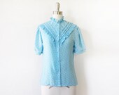 SALE baby blue ruffle blouse / vintage star polka dot blouse / 1980s top