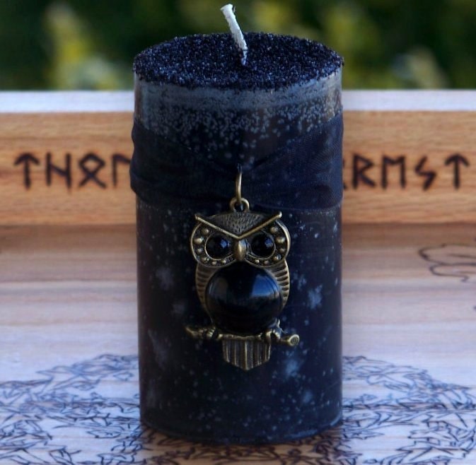 WITCHES WISDOM Owl Pillar Candle w/ Dragons Blood, Vintage German Glass for Witch Sight, Psychic Skill, Divination, Mysteries, Transitions