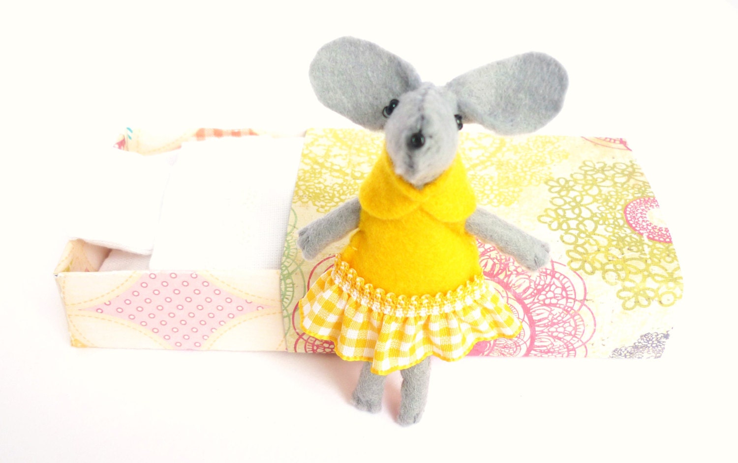 Stuffed animal felt mouse plush yellow miniature matchbox