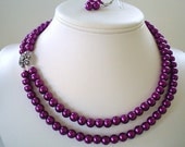 Two Strand Magenta Pearl with Rhinestone Flower Pendant Beaded Necklace and Earring Set    Great Brides or Bridesmaid Gifts