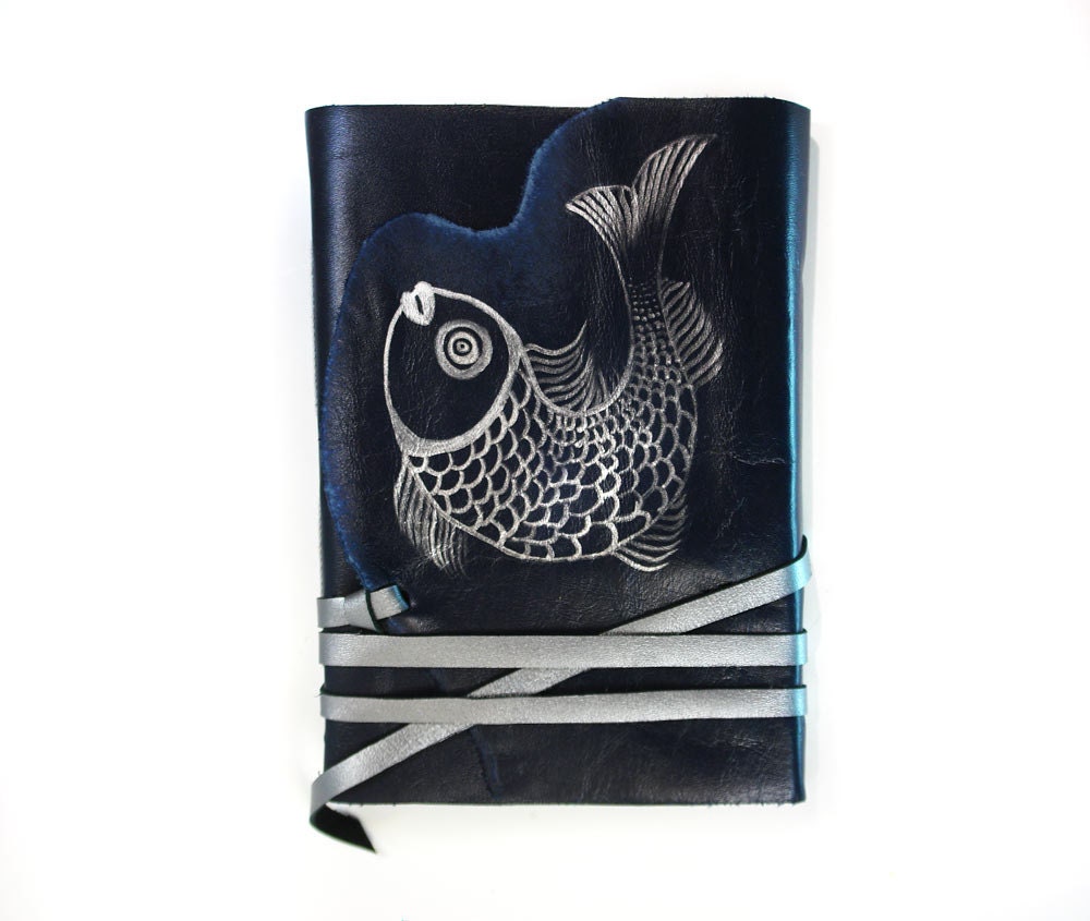 Blue and Silver Leather Journal, Notebook, Hand Painted Diary, Sketchbook - Underwater