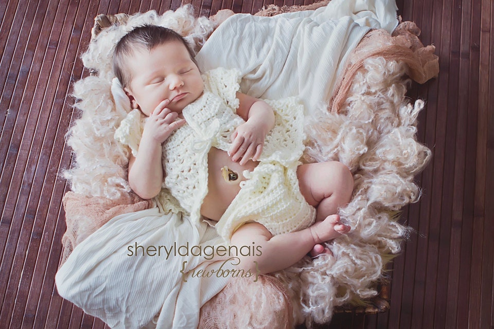 Newborn Vintage Inspired  Lacey Layette Set - Photography Prop Crocheted Sweater and Diaper Cover