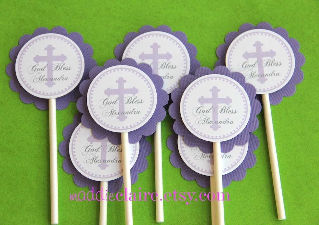 Personalized Lavender Christening or Baby Baptism Cupcake Toppers