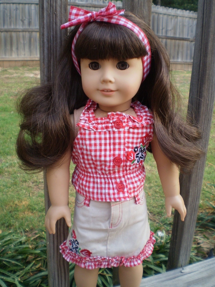 Red gingham shoes & skirt set 18" Doll Clothes American Girl or bitty baby