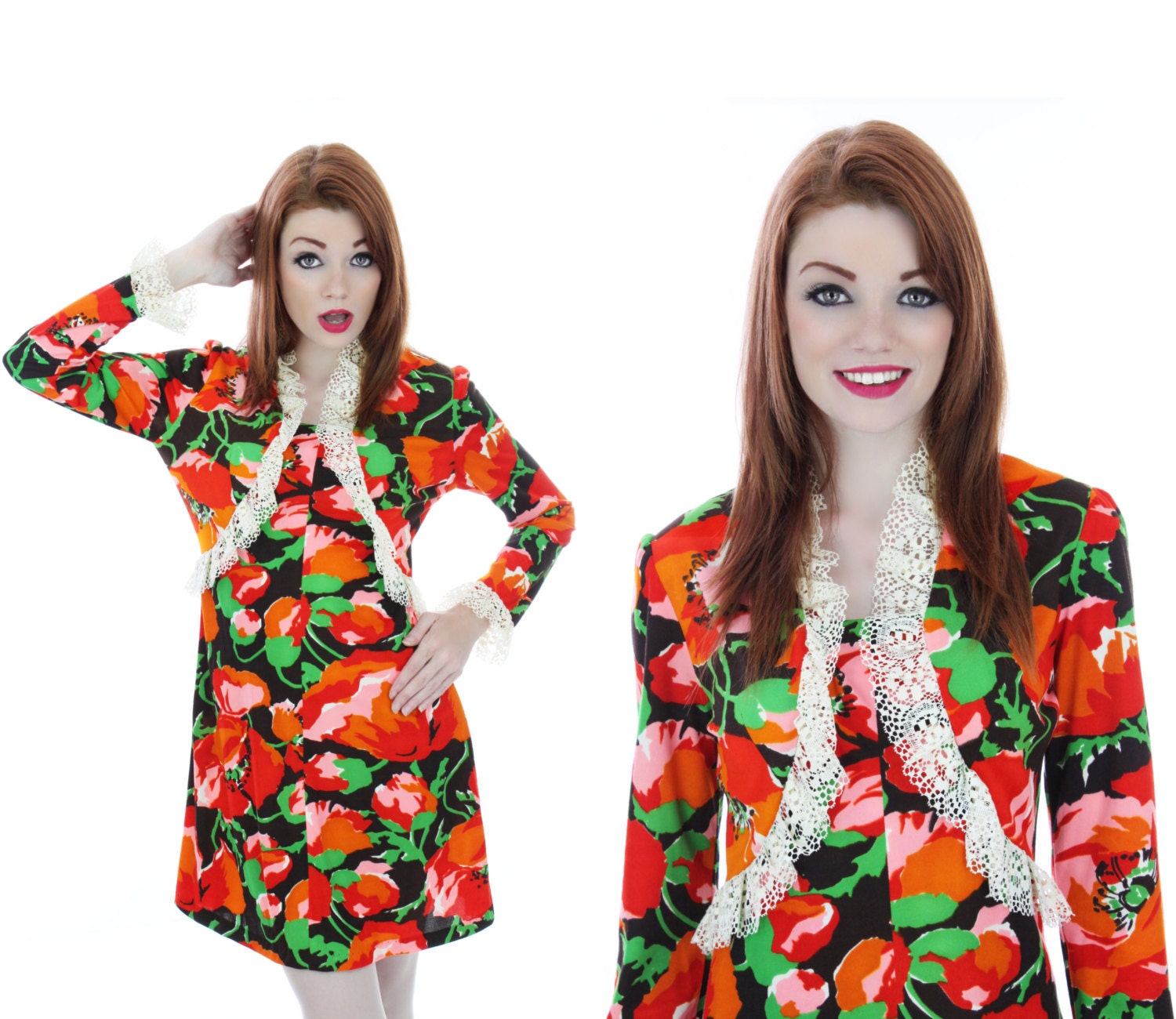 Mod Dolly Dress Vintage 60s Empire Waist Lace Babydoll 70s Sixties Bright Poppy Floral Flowers Boho Mini Small S M Medium