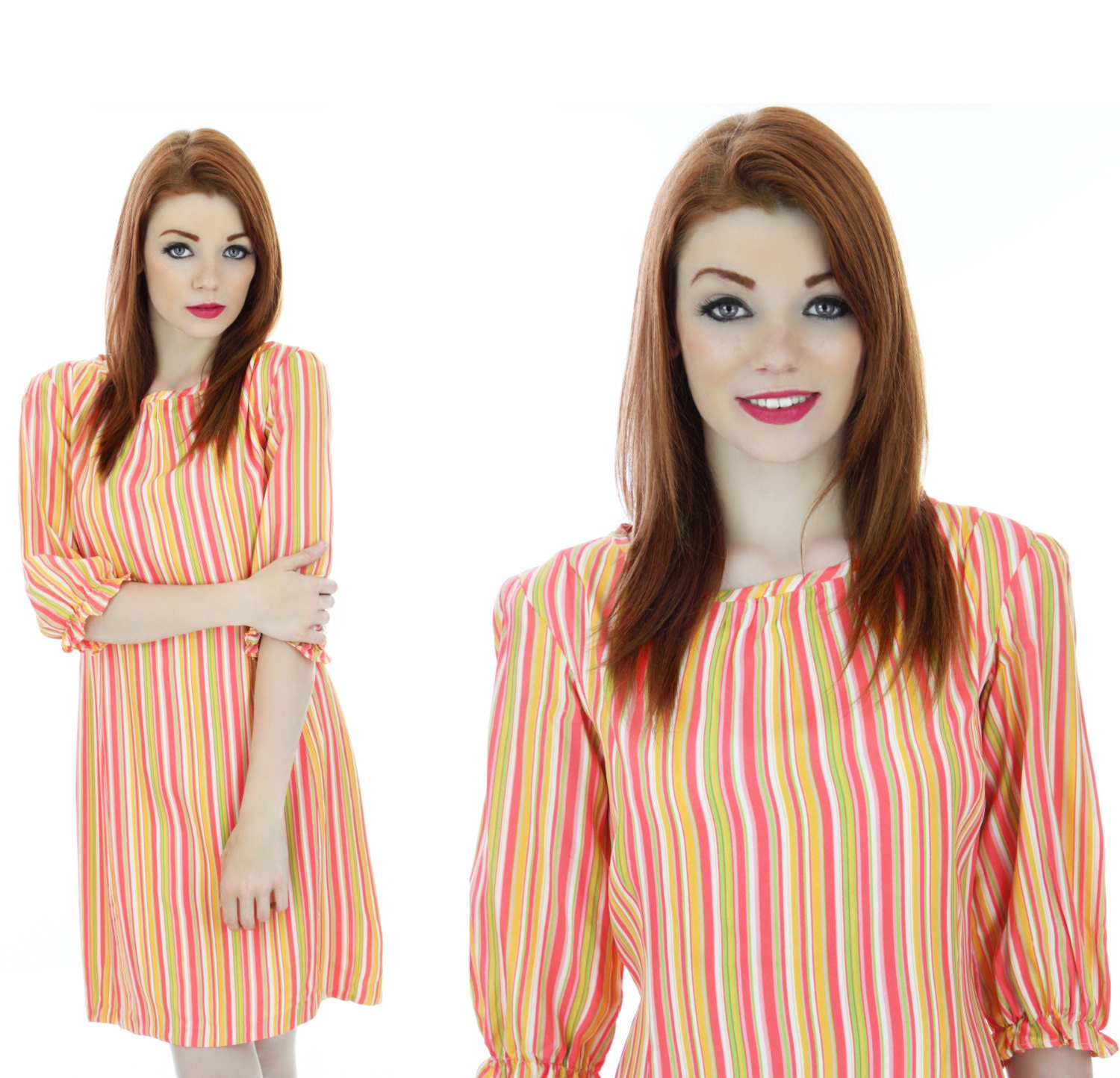 Mod Neon Dress 60s Sixties Striped 1960s 70s Mod Mini A-Line Ruffled Sleeve Cuffs Small S