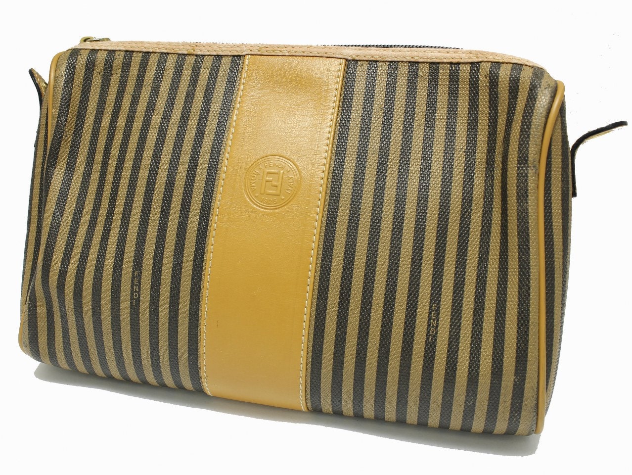 vintage FENDI logo brown stripe clutch bag purse cosmetic make up pouch designer gift 1970s 1980s