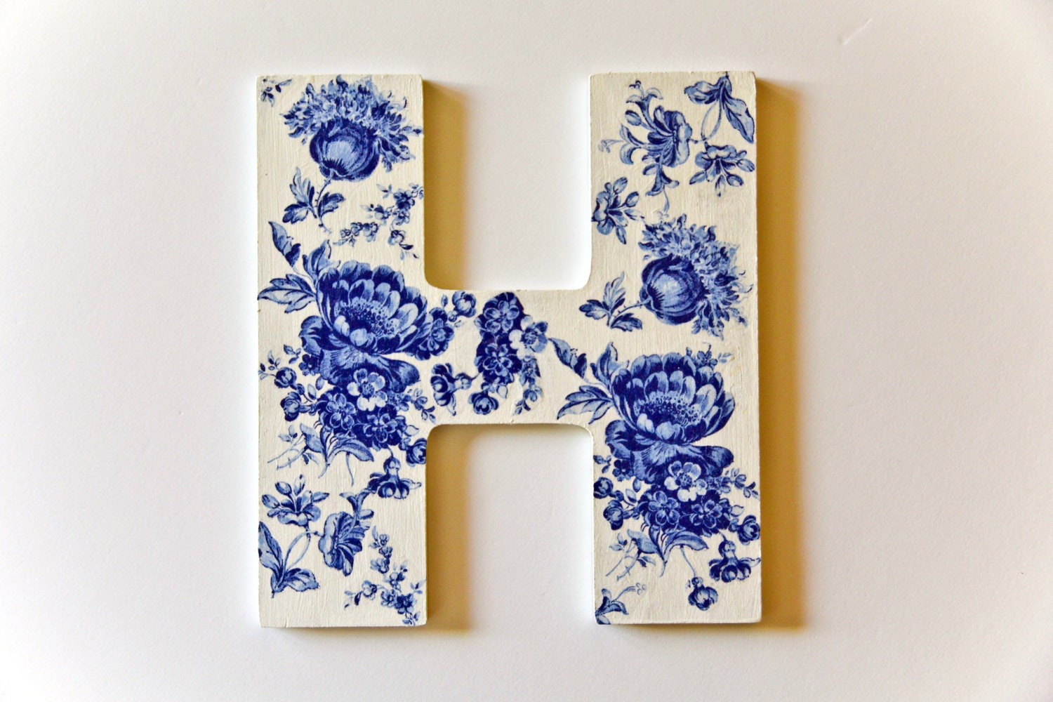 Decorative Wooden Letter H - Sign made in Israel Personalized Monogram Initial Home Decor - White Blue Floral