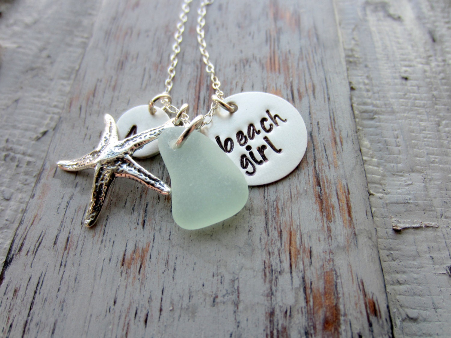 Beach Girl, Personalized Charm Necklace, Sterling Silver Starfish, Sea Glass and Initial Charm, Sea Foam, Mint Green, Hand Stamped