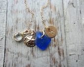 Charm Necklace with 14k Gold Filled Sand Dollar , Cobalt Blue Sea Glass and Initial Charm, Bridesmaid,  Swarovski Birthstone, Mothers Day
