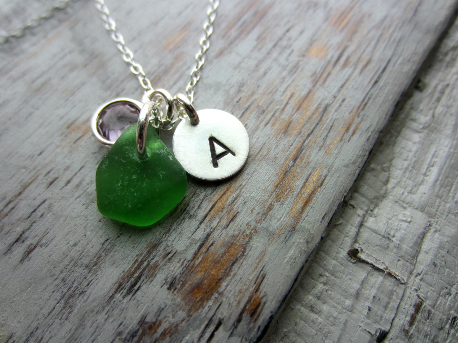 Sea Glass Initial Jewelry Sterling Silver Personalized Initial Necklace Monogram Charm Rustic Swarovski Birthstone
