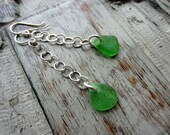 Kelly Green Long Sea Glass Earrings, Sterling Silver Large Link Chain, Swinging Dangle Earrings, Beach Earrings