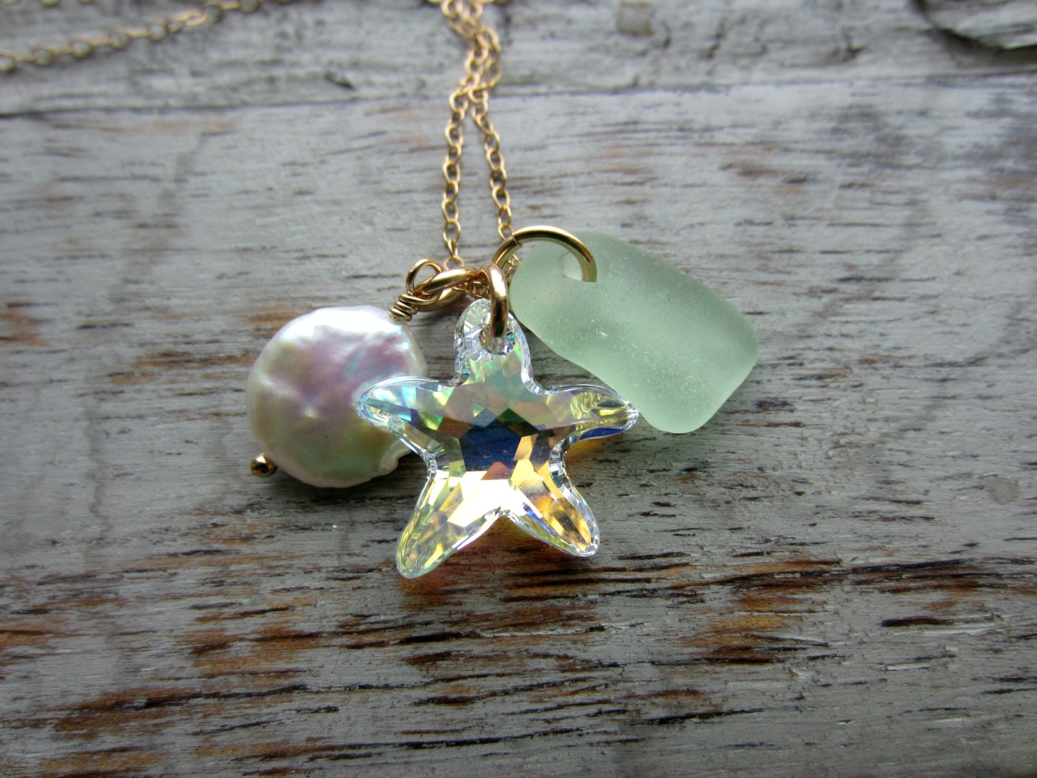 Swarovski Crystal AB Starfish Necklace, Creamy White Coin Pearl, and Seafoam Sea Glass from Puerto Rico 14k Gold Filled Beach Necklace