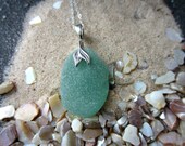 Whale Tail Sea Green Necklace, Sea Glass Sterling Silver Necklace with Sterling Silver Wavy Bail, Deep Aqua Green, Ocean Necklace