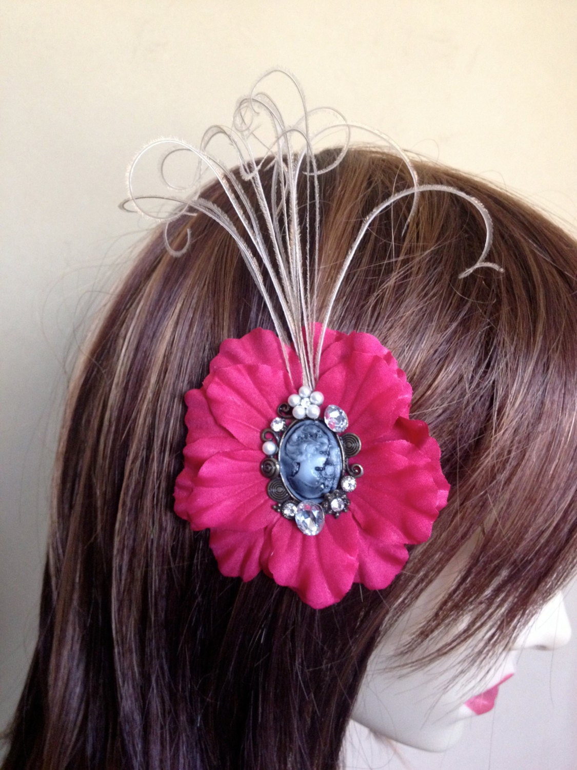 Madi Pink Flower and Cream Peacock Feather Hair Fascinator with Vintage Cameo Pendant