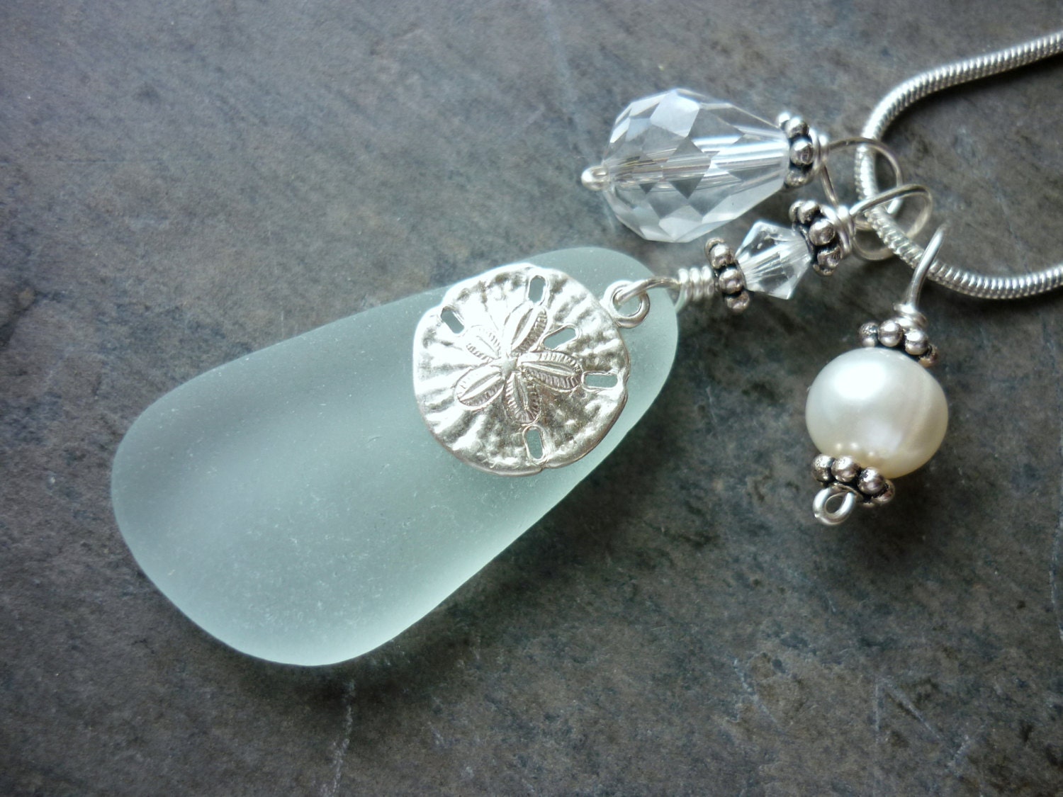 Sea Glass Necklace - Aqua Sand Dollar Beach Seaglass