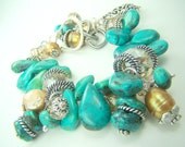 Chunky turquoise bracelet, turquoise statement bracelet, golden pearl charms, crystal...Turquoise Teardrops