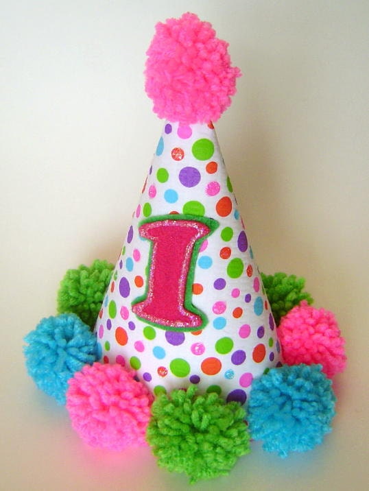 Baby's First Birthday Hat MULTICOLOR POLKA Dot Any Number Available Handmade Pom Poms
