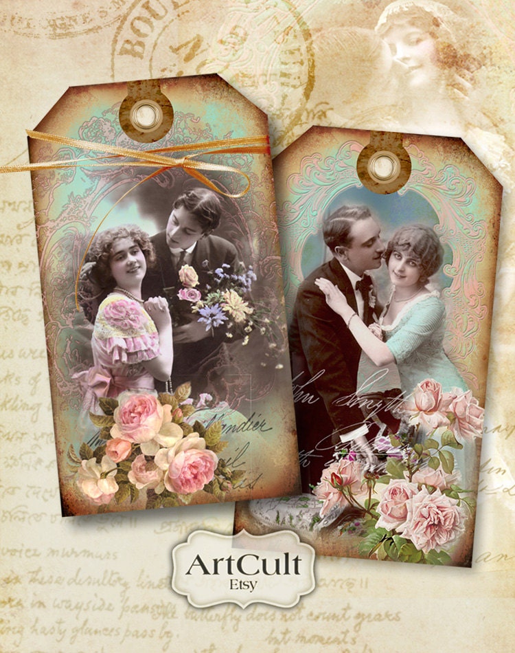 SWEET ROMANCE - Digital Collage Sheet Printable Vintage Ephemera Valentine 2.4x4.3 inch size Gift Tags Art Cult Journaling Paper Goods