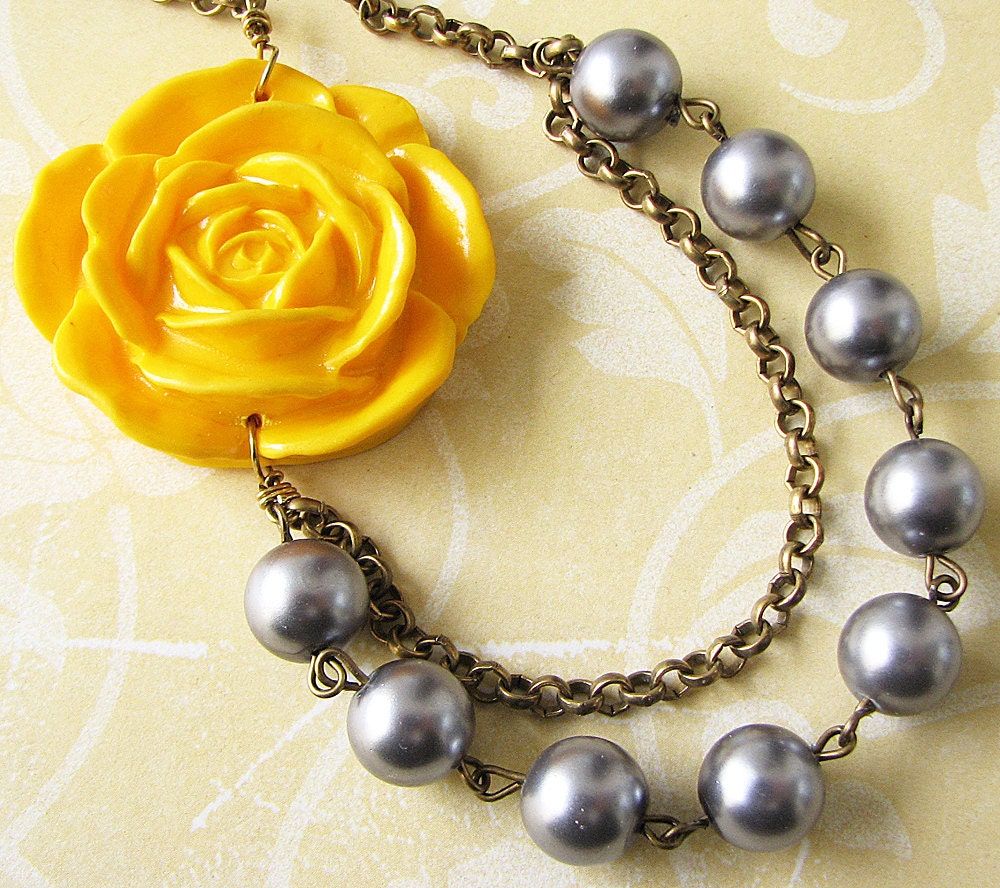 Flower Necklace Bridesmaid Jewelry Grey and Yellow Necklace Wedding Jewelry Grey Necklace Bib Statement Necklace