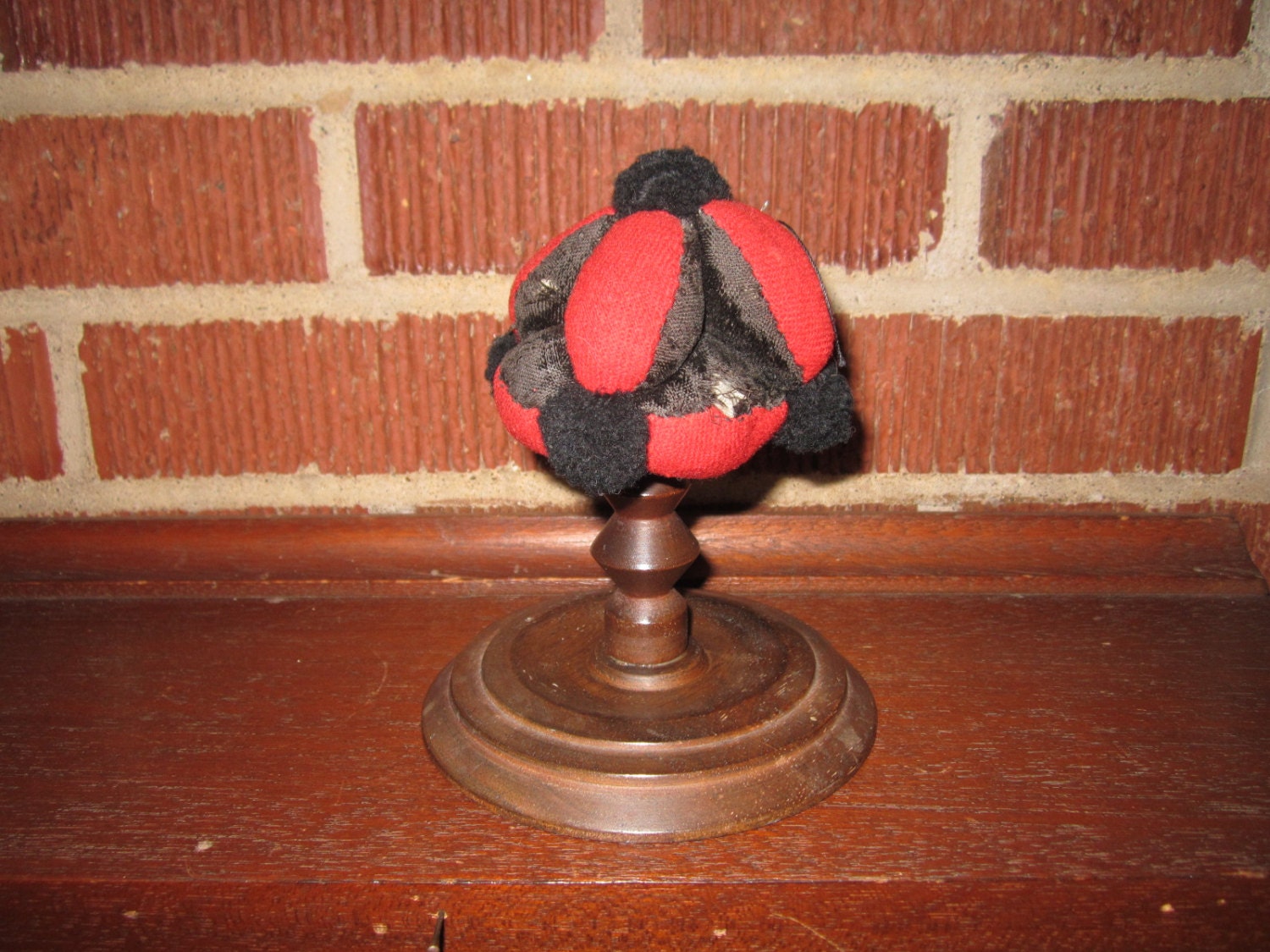 Antique Victorian 19c Fascinating Sewing Collectible Pinwheel Pin Cushion on Walnut Stand