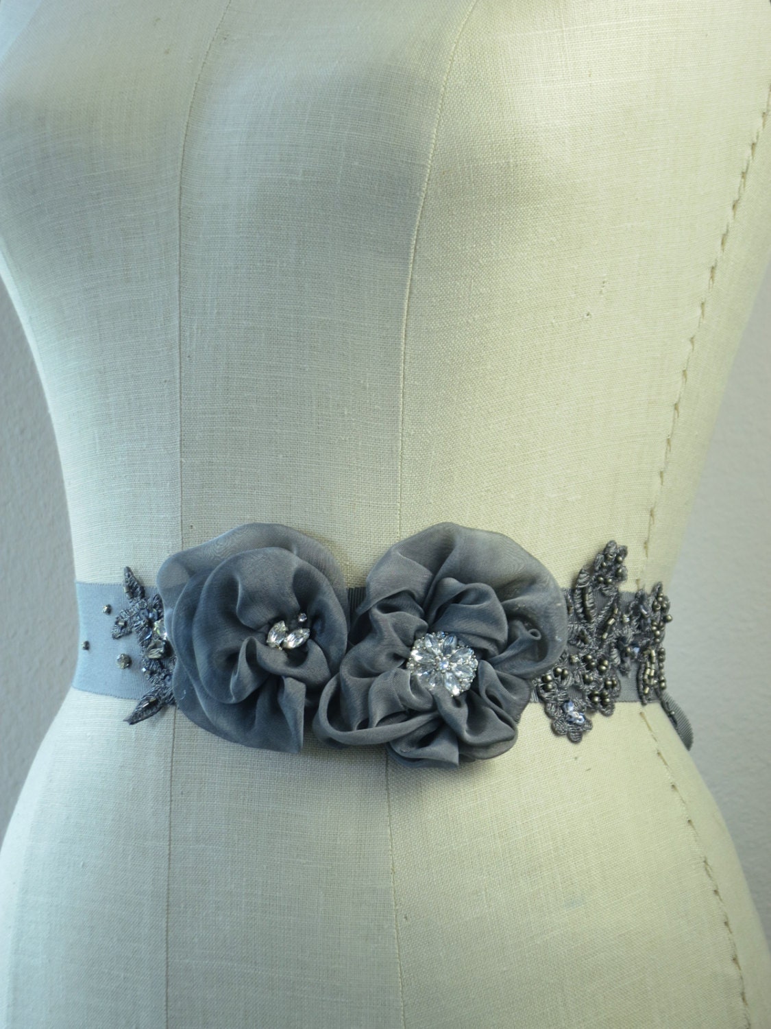 Gray Mist Silk Flower And Lace Sash