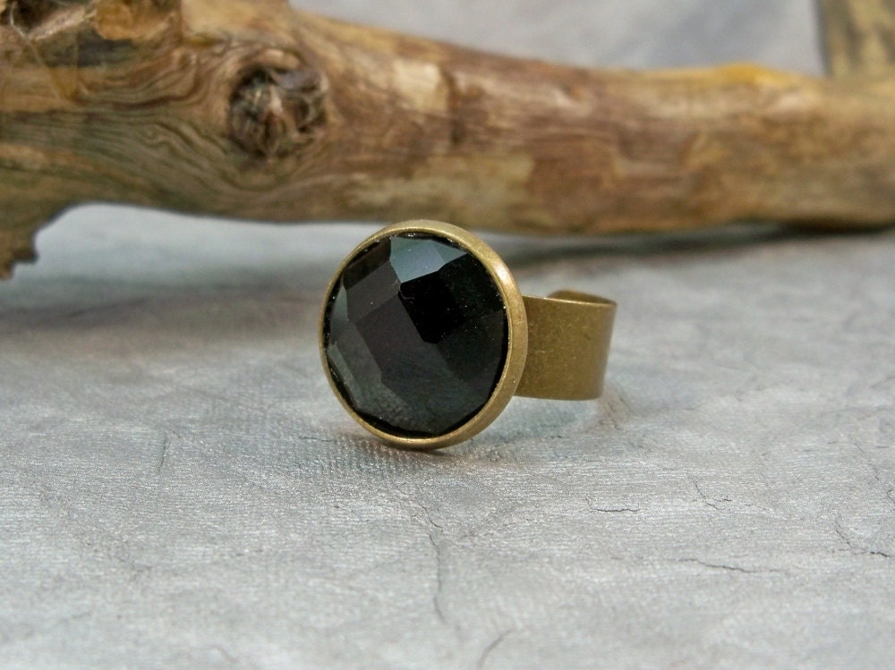 Black Cocktail Ring, Antique Brass Band, Adjustable Band Ring, Womens Ring