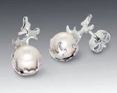 CORAL 14k White Gold Pearl Earrings, White Gold Stud Earrings, Pearl stud earrings, Italian Fine Jewelry