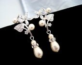Cubic zirconia flower earrings, wedding jewelry, bridal earrings, pearl earrings, vintage style earrings