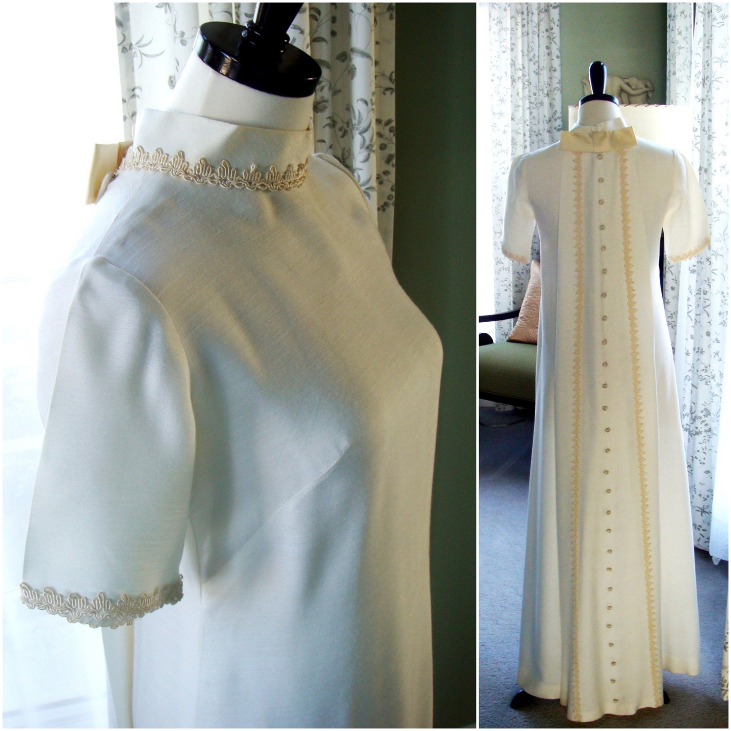 Vintage 1960s Wedding Dress with Train, Ivory White Dress Full Length, Bride, Formal Dress, Linen Size S