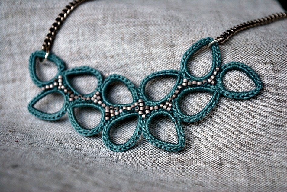 Leaves Crochet Necklace in Seafoam Green with Platinum Beads. Lightweight Jewelry.