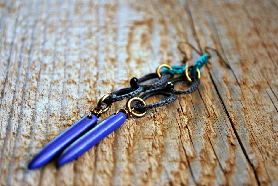 Spike Earrings in Charcoal and Dark Aqua with a Small Black Spinel and Purple Howlite