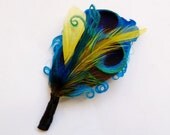 Peacock Feather Boutonniere or Lapel Pin - ELLIE on Turquoise with Yellow - customizable